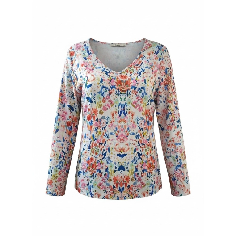Sakurafina Women's size 1XL Stretchy Comfy‎ Floral Casual V-Neck Long-Sleeve Top